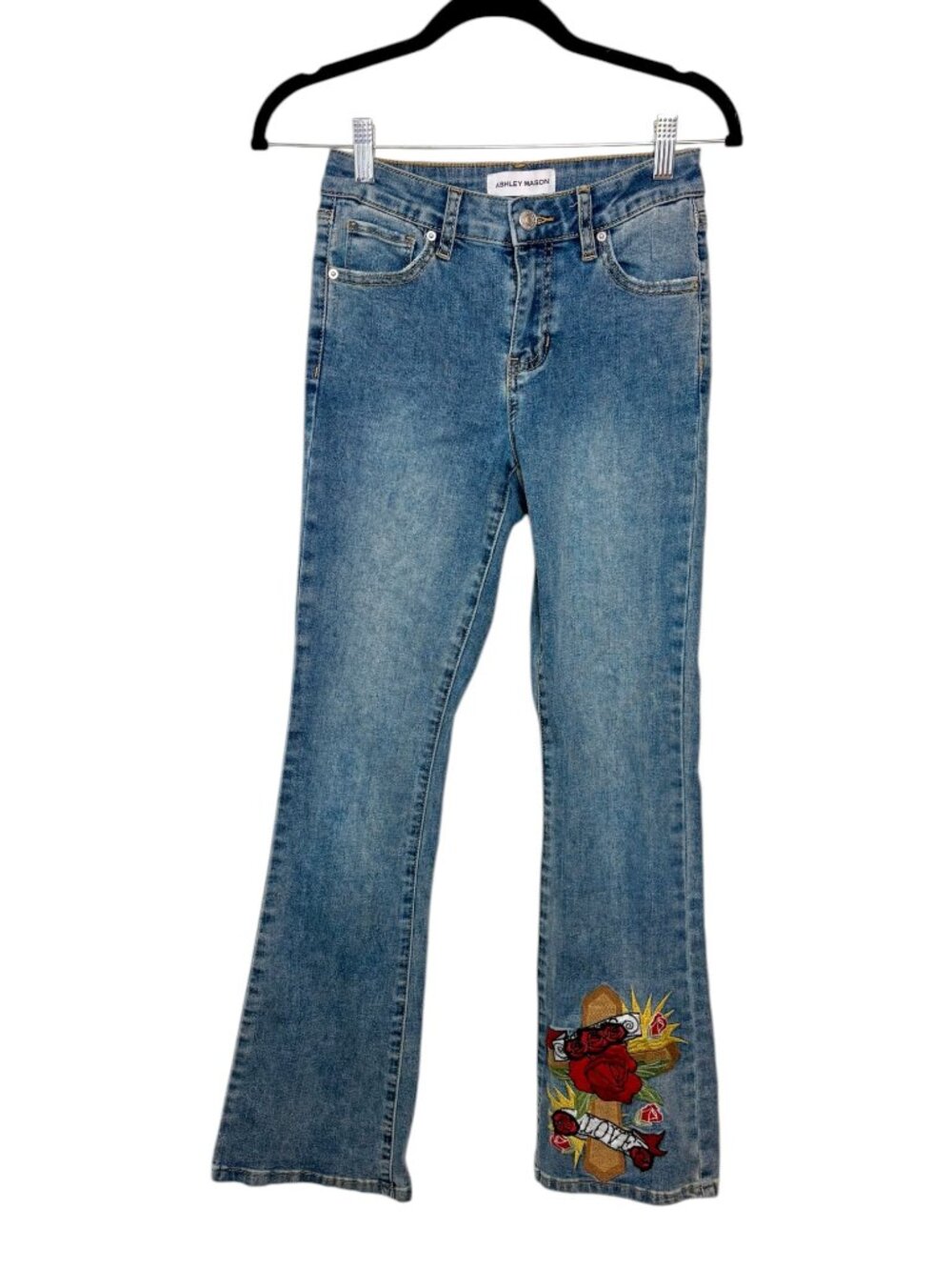 Ashley Mason Medium Wash Embroidered Flare Jeans Boho Rock Size 0/24